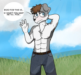 5_fingers abs anthro areola armpit_hair athletic athletic_anthro athletic_male biped black_nose blue_eyes blush bodily_fluids body_hair bottomwear brown_hair clothed clothing cloud cross cross_necklace day denim denim_bottomwear denim_clothing detailed_background eyebrows fingers fur grass grey_body grey_fur hair hand_behind_head jeans jewelry male male_anthro muscular navel necklace nipples outside pants pecs plant prostitution shy sky solo standing sweat sweatdrop text topless white_body white_fur kisig border_collie canid canine canis collie domestic_dog herding_dog mammal pastoral_dog sheepdog absurd_res digital_media_(artwork) english_text hi_res