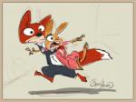 anthro beta_design black_nose border brown_body brown_fur buckteeth carrying_another clothed clothing duo fully_clothed fur open_mouth running simple_background tan_border teeth byron_howard disney zootopia beta_judy_hopps judy_hopps nick_wilde canid canine fox lagomorph leporid mammal rabbit red_fox true_fox 2012 concept_art official_art