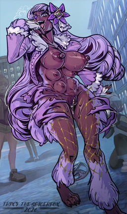 accessory anthro bangs big_breasts bodily_fluids breasts brown_body brown_skin claws clothed clothing coat dark_body dark_skin digitigrade exhibitionism female flower flower_in_hair fur fur_growth genital_fluids genitals growth hair hair_accessory human_to_anthro long_hair mid_transformation multi_breast open_clothing open_coat open_topwear plant public public_exposure purple_hair slow_transformation solo species_transformation toe_claws topwear transformation vaginal_fluids vulva trixythespiderfox nintendo pokemon jacinthe_(pokemon) canid canine furfrou generation_6_pokemon mammal pokemon_(species) absurd_res hi_res