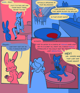anthro blood blood_on_table blood_puddle bodily_fluids dialogue female furniture male on_table sitting sitting_on_table speech_bubble table text vanilla_candy unicorn_blood_(comic) marigold_(unicorn_blood) saffron_(unicorn_blood) tulip_(unicorn_blood) bovid caprine domestic_cat felid feline felis lagomorph mammal sheep comic english_text hi_res restricted_palette