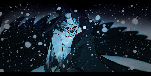 ambiguous_gender anthro black_body cheek_tuft duo facial_tuft fur looking_at_viewer no_pupils sharp_teeth snow snowing solo_focus teeth tuft unsigned white_body white_fur kardinaluz species_request hi_res