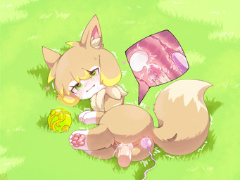 4_toes anal anal_penetration blush blush_lines bodily_fluids cum cum_inside ejaculation feet female female_orgasm female_penetrated feral fox_tail fur genital_fluids genitals grass green_eyes heart_symbol humanoid_genitalia humanoid_penis internal looking_at_viewer orgasm orgasm_face pal_sphere pawpads paws penetration penis plant pupils sex_toy solo tail tears toes vulva white_paws white_pupils yellow_body yellow_fur pogadc palworld pocketpair canid canine fox mammal pal_(species) vixy_(pal) hi_res