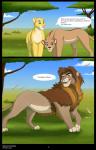 blue_eyes blue_sky dialogue female feral fur green_eyes male mane outside paws plant seductive sky smile tan_body tan_fur text tree caraluca kooskia_(artist) disney the_lion_king fan_character felid lion mammal pantherine comic english_text hi_res