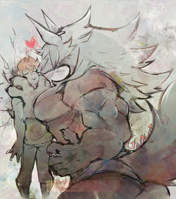 anthro biceps big_breasts breasts claws cracks duo female fluffy fluffy_tail hair heart_symbol in_the_air larger_anthro larger_female long_ears long_hair male muscular muscular_anthro muscular_female pinned pinned_to_wall size_difference smaller_human smaller_male smile spiky_hair tail thwillartz canid canine canis human mammal wolf hi_res