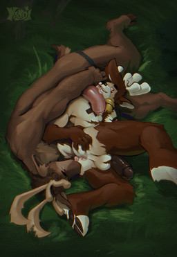 anal anthro anus ball_tuft balls bell blackwingedwolf body_hair clothing collar duo ejaculation eye_contact feet fellatio foreskin fur genitals grass hair hands-free hooves humanoid_genitalia humanoid_penis jockstrap licking looking_at_another looking_pleasured male male/male mostly muscular nature nude oral partially_retracted_foreskin pawpads penile penis penis_lick plant retracted_foreskin rimming sex size_difference spread_anus spreading tail tongue tuft underwear kandi_deer deer mammal moose new_world_deer hi_res