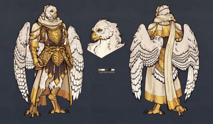 anthro armor beak black_beak black_body black_claws black_feathers chain claws clothed clothing fantasy fantasy_armor fantasy_clothing feathers gold_(metal) gold_accessory gold_armor gold_chain gold_jewelry jewelry male muscular scales scarf solo white_body white_feathers yellow_beak yellow_body yellow_eyes yellow_scales tashiroth accipitrid accipitriform avian bird eagle hi_res model_sheet