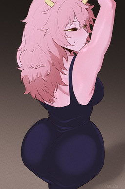 big_breasts big_butt black_clothing black_dress black_sclera blush breasts butt clothing dress eyelashes female female_humanoid glistening glistening_body glowing glowing_eyes hair high-angle_view horn long_hair looking_at_viewer looking_back messy_hair narrowed_eyes not_furry raised_arms rear_view side_boob sleeveless_clothing small_waist smile solo tight_clothing wide_hips yellow_eyes 9_styless my_hero_academia ashido_mina horned_humanoid humanoid 2026 absurd_res digital_drawing_(artwork) digital_media_(artwork) hi_res