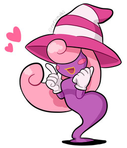 arms_above_head blush blush_stickers clothing female gesture ghost_tail gloves hair hair_over_eyes hand_gesture handwear hat headgear headwear heart_symbol legless lips long_hair open_mouth pattern_clothing pattern_headgear pattern_headwear pink_hair purple_body raised_finger raised_index_finger simple_background smile solo striped_clothing striped_headgear striped_headwear stripes white_background white_clothing white_gloves white_handwear yellow_lips raranuki mario_bros nintendo paper_mario vivian_(mario) ghost shadow_siren spirit 2020 digital_media_(artwork) full-length_portrait hi_res portrait