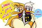 beak blonde_hair blush bodily_fluids clothing dialogue duo feathers hair long_hair one_eye_closed purple_mouth speech_bubble tears text white_body white_feathers yellow_beak lanthart disney ducktales ducktales_(2017) donald_duck storkules anatid anseriform avian bird duck 3:2 english_text