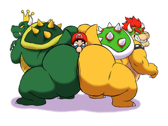 anthro ass_to_ass belly bent_over between_butts big_belly big_butt butt crown dominant dominant_anthro green_body grin group hair headgear horn huge_butt human_on_anthro interspecies larger_anthro larger_dom larger_male male male/male narrowed_eyes obese obese_anthro obese_male overweight overweight_anthro overweight_male pinned red_hair sandwiched shell simple_background size_difference smaller_human smaller_male smile smug sound_effects spiked_shell spikes spikes_(anatomy) square_crossover submissive submissive_human tail text thick_thighs trio weight_difference white_background yellow_body nabb-kun bowser_day mario_bros nintendo bowser king_koopa mario human koopa mammal reptile scalie turtle 2025 digital_media_(artwork) hi_res