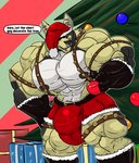 anthro bell belt big_bulge big_muscles big_pecs black_nipples boots bottomwear bulge christmas_clothing christmas_headwear christmas_tree clothing decoration dialogue earpiece facial_piercing footwear gift gloves grin handwear hat headgear headwear holding_object holidays huge_bulge huge_muscles hyper hyper_bulge hyper_muscles lip_piercing looking_at_viewer male muscular muscular_anthro muscular_male nipples nose_piercing pants pecs piercing plant santa_hat shoes smile solo speech_bubble standing text tree fierglief christmas dallas_the_swolgi canid canine canis domestic_dog herding_dog mammal pastoral_dog welsh_corgi 2018 absurd_res english_text hi_res