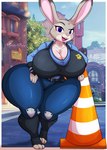 2024 anthro artist_name belt big_breasts breasts cleavage clothed clothing disney ears_up female hand_on_leg hand_on_thigh hi_res huge_breasts judy_hopps lagomorph leaning_on_object leporid looking_at_viewer mammal nightlyflare open_mouth police police_uniform purple_eyes rabbit smile solo thick_thighs tongue traffic_cone uniform wide_hipped_female wide_hips zootopia