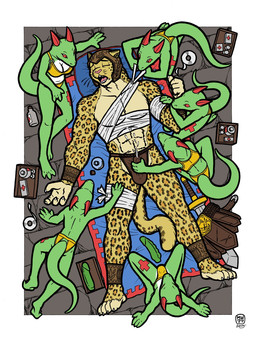 3_toes 4_toes abs anthro arm_wraps barefoot bodily_fluids breasts brown_clothing chest_wraps claws cleavage clothed clothing cum cum_in_clothing cum_on_self cum_through_clothing dildo erection erection_under_clothing eyes_closed feet female fur genital_fluids green_body green_dildo group handjob large_group leg_wraps lying male melee_weapon on_back open_mouth pecs penile pink_nose pink_tongue plantigrade sex sex_toy size_difference spread_toes sword teeth toes tongue topless weapon wet wet_clothing white_body wraps megawolf77 slavedog554 felid kobold leopard lizard mammal pantherine reptile scalie 2015 3:4 hi_res