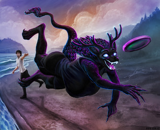 anthro antlers beach big_breasts bioluminescence black_body black_fur breasts claws clothed clothing duo fangs female fetch forest freckles frisbee fur glowing glowing_eyes glowing_teeth horn jumping long_tail male midair open_mouth plant pointy_ears sharp_teeth sparkles stubble tail teeth throwing_object tree lenika vitaly_s_alexius american_mythology indigenous_north_american_mythology mythology north_american_mythology stupid_sexy_cryptids ashcroft_"ash"_julian_clifford starshade cryptid human humanoid mammal omnid wendigo 3d_(artwork) colored digital_media_(artwork) hi_res