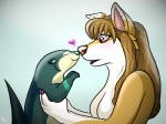 anthro brown_hair duo eyes_closed female hair heart_symbol male nose_bump theothefox canid canine fox mammal mustelid otter 4:3