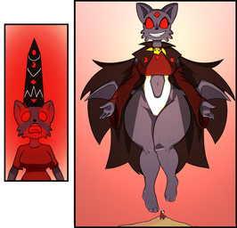 anthro breasts cape clothing collar duo female macro red_eyes smile solo_focus thick_thighs transformation king_of_sorrow_(artist) cult_of_the_lamb massive_monster_(studio) lamb_(cult_of_the_lamb) red_crown_(cult_of_the_lamb) ruri_(cult_of_the_lamb) bovid caprine domestic_cat felid feline felis mammal sheep