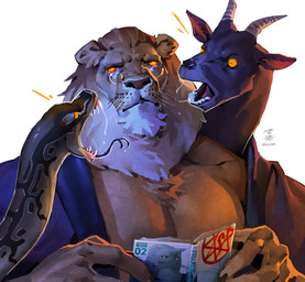 annoyed anthro arguing_with_self argument book eye_roll eyewear forked_tongue glasses glowing glowing_eyes group hydra_problems male multi_head muscular muscular_anthro muscular_male reading reading_book round_glasses tongue trio samus_sunset fullmetal_alchemist bovid caprine chimera felid goat lion mammal pantherine reptile scalie snake absurd_res hi_res