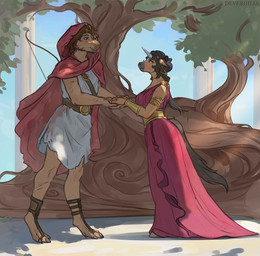 anthro anthro_on_anthro bow_(weapon) breasts brown_hair clothing digitigrade dress duo female gold_(metal) gold_jewelry hair hood horn jewelry male male/female plant ranged_weapon red_clothing red_dress shirt smile tail topwear tree tunic weapon white_clothing devergilia mythology odysseus capybara caviid equid equine mammal mythological_creature mythological_equine rodent unicorn 2025 hi_res