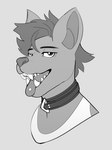 anthro clothed clothing collar fangs glistening glistening_eyes hair looking_at_viewer male narrowed_eyes open_mouth short_hair simple_background solo teeth tongue tongue_out 100racs canid canine mammal 3:4 absurd_res bust_portrait hi_res monochrome portrait