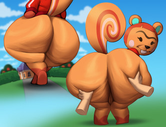 ambiguous_gender animal_ears anthro big_butt biped buckteeth butt butt_grab clothed clothing detailed_background disembodied_hand eyelashes female female/ambiguous genitals hand_on_butt huge_butt looking_at_viewer looking_back outside red_clothing tail teeth thick_thighs topwear vulva chipchell animal_crossing nintendo hazel_(animal_crossing) mammal rodent sciurid tree_squirrel 2026 hi_res