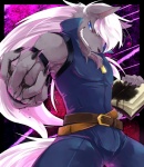 5_fingers anthro armpit_hair belt biceps blue_eyes body_hair book bottomwear bulge claws clothed clothing dripping finger_claws fingers fluffy fluffy_tail front_view grin hair holding_book holding_object ink long_hair looking_at_viewer male muscular muscular_anthro muscular_male nails pants sharp_teeth smile solo tail teeth three-quarter_view tight_clothing white_hair white_tail kubikitsune mythology pretty_cure smile_pretty_cure wolfrun canid canine canis mammal mythological_canine mythological_creature werecanid werecanine werecreature werewolf wolf