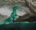 ambiguous_gender anthro clothing green_body green_eyes hand_on_ground hat hat_only headgear headgear_only headwear headwear_only lily_pad looking_up moss mostly_nude outside partially_submerged plant solo standing tree water water_drop babanasaur alligator alligatorid crocodilian elemental_creature reptile scalie water_creature 2021 digital_media_(artwork) hi_res