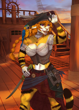 5_fingers anthro beak bottomwear breasts clothed clothing collar duo feathers female feral fingers freckles fur gun hair hat headgear headwear holding_melee_weapon holding_object holding_sword holding_weapon melee_weapon multicolored_body navel open_mouth pirate ranged_weapon ring ship skirt smile solo_focus standing stripes sword tail teeth topwear vehicle watercraft weapon tvard taffy_(balloonprincess) avian bird felid mammal neotropical_parrot pantherine parrot tiger true_parrot digital_media_(artwork) hi_res
