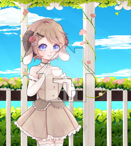 accessory blue_eyes clothing cloud container cup dress female flower flower_in_hair gloves hair hair_accessory handwear looking_at_viewer plant saucer sky smile solo tea_cup yumemin animal_humanoid bovid bovid_humanoid caprine caprine_humanoid goat_humanoid humanoid mammal mammal_humanoid digital_media_(artwork) low_res pixel_(artwork) watermark