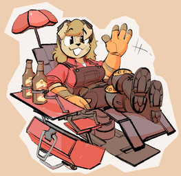 alcohol anthro beer beverage boots brown_clothing brown_eyes clothing combat_boots eyewear female footwear gesture gloves goggles handwear knee_pads lawn_chair looking_at_viewer machine overalls red_clothing shirt shoes simple_background sitting smile smiling_at_viewer solo toolbox topwear umbrella waving waving_at_viewer the-hydroxian third-party_edit team_fortress_2 valve audrey_(mcsweezy) engineer_(team_fortress_2) canid canine canis domestic_dog mammal color_edit colored hi_res