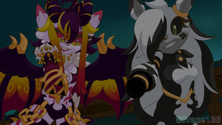 amber_eyes anthro arm_cannon black_body breasts chain duo featureless_breasts female furred_wings gatling_gun gold_(metal) gold_chain golden_markings green_eyes grin gun gun_arm hair horn long_hair machine machine_gun markings minigun mostly_nude mostly_nude_anthro multicolored_body multicolored_hair neck_tuft nude nude_anthro pointy_ears purple_hair purple_markings ranged_weapon smile tuft two_tone_body two_tone_hair weapon weapon_arm white_body white_hair wings silvaze126 sega sonic_the_hedgehog_(series) dragonborn_velatis thetis_(bonjolasermaster) velatis_ferio_caedo android robot unknown_species