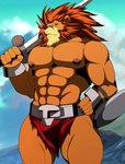 anthro big_muscles bottomwear bulge claws clothed clothing for_a_head frown loincloth looking_at_viewer male mane melee_weapon muscular muscular_humanoid muscular_male nipples orange_body orange_skin red_bottomwear red_clothing red_eyes red_loincloth red_mane serious_face shield skimpy solo sword tan_face weapon bearlovestiger13 red_earth leo_(red_earth) animal_head felid humanoid lion mammal pantherine hi_res