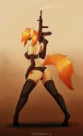 2015 abstract_background anthro anthrofied ar-15 armwear assault_rifle biped blonde_hair bra breasts butt clothing cutie_mark dipstick_tail elbow_gloves equid equine fan_character female fingerless_gloves full-length_portrait gloves gradient_background green_eyes gun hair half-closed_eyes handwear hasbro hi_res high_impact_(character) holding_gun holding_object holding_ranged_weapon holding_weapon horn legwear lingerie looking_at_viewer looking_back m4 mammal markings multicolored_tail my_little_pony mythological_creature mythological_equine mythology narrowed_eyes orange_hair panties portrait raised_tail ranged_weapon rear_view rifle seductive simple_background smile smoke solo standing stockings tail tail_markings teeth thigh_highs tiptoes underwear unicorn vulpessentia watermark weapon wide_stance
