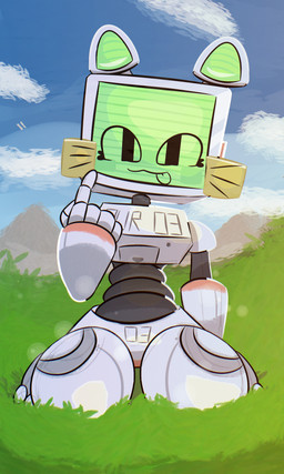 anthro cloud eyelashes fake_whiskers female for_a_head grass green_face green_inner_ear grey_body kneeling looking_at_viewer machine name_tag noseless note number plant post-it_note robotic_arm screen screen_face segmented_arms segmented_body segmented_legs sitting sky solo tailless thick_thighs tongue tongue_out white_body borredwindow pur_03 domestic_cat felid feline felis mammal monitor_head object_head robot robot_anthro 3:5 absurd_res digital_media_(artwork) hi_res