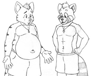 5_fingers anthro bottomwear clothing deep_navel duo embarrassed eyebrows facial_markings featureless_chest fingers fur head_markings jewelry male male/male markings navel necklace overweight shirtless shorts simple_background smile striped_body striped_fur striped_markings stripes tail furshinku james_(furshinku) peter_(furshinku) ailurid domestic_cat felid feline felis mammal red_panda monochrome
