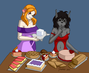 anthro black_hair blonde_hair bread breasts cleavage clothed clothing duo ear_piercing ear_ring female food fur grey_body grey_fur hair navel piercing ring_piercing white_body white_fur graphite_(artist) carbon_(graphite) tracy_(sailoranna) domestic_cat felid feline felis mammal procyonid raccoon