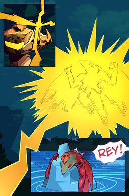 ambiguous_gender anthro biped burn_mark dialogue duo electrocution electrogenesis elemental_manipulation exclamation_point forest forest_background holding_rock lake lightning_bolt mask mountain_range muscular muscular_ambiguous muscular_anthro nature nature_background offscreen_character plant sky skyscape speech_bubble text tree water wearing_mask yelling cuchuflin nintendo pokemon rey_(cuchuflin) generation_6_pokemon hawlucha hoopa hoopa_(confined) legendary_pokemon pokemon_(species) absurd_res comic english_text hi_res