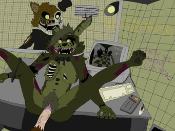 against_desk against_furniture against_surface anthro bodily_fluids bow_tie clothed clothing clothing_around_one_leg crt_monitor desk duo exposed_bones exposed_flesh exposed_wires female furniture genital_fluids genitals half_skull machine male male/female on_desk panties panties_around_one_leg panties_down partially_clothed penetration penis phantom_freddy_(freddy_fat_fucks) pubes spring_bonnie_(freddy_fat_fucks) springtrap_(freddy_fat_fucks) table torn_clothing underwear underwear_around_one_leg underwear_down vaginal vaginal_fluids vaginal_penetration vein veiny_penis vent artemis_studios five_nights_at_freddy's five_nights_at_freddy's_3 scottgames phantom_freddy_(fnaf) spring_bonnie_(fnaf) springtrap_(fnaf) animatronic bear human humanoid lagomorph leporid mammal rabbit robot spirit 4:3 hi_res