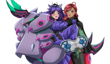 ambiguous_gender clothing dress ears_up female female/female feral fox_tail gremory group hair hug hugging_another knight purple_clothing purple_dress purple_hair shield trio warrior ferdianpebz nintendo pokemon pokemon_legends_z-a hapi_(fire_emblem) canid canine generation_9_pokemon human humanoid mammal mega_evolution mega_scolipede pokemon_(species) absurd_res hi_res
