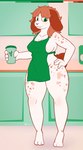 abstract_background apron apron_only beverage big_ears cafe clothing coffee coffee_cup container cup female green_eyes hand_on_leg hand_on_thigh hi_res impishhyena lagomorph leporid mammal markings medium_hair mostly_nude nipple_slip public public_nudity rabbit smile spots spotted_body thick_thighs