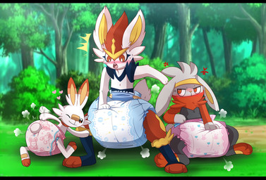 ambiguous_gender angry anthro big_diaper blue_body blue_fur blush blush_lines bodily_fluids bunnyhopps_(diaper) clean_diaper clothed clothing cloud_emanata cross-popping_vein diaper diaper_only diaper_puff dipstick_ears ear_markings emanata floppy_ears flying_sweatdrops forest forest_background fur gloves_(marking) grass grey_body grey_fur group hand_on_diaper heart_symbol hoodie huge_diaper looking_at_another markings mask multicolored_body multicolored_ears multicolored_fur narrowed_eyes nature nature_background one_eye_closed open_mouth plant red_body red_ear_tips red_fur scut_tail short_tail shrub smile sweat sweatdrop tail teeth topless topwear touching_diaper tree trio wearing_diaper wearing_mask white_body white_fur white_tail yellow_body yellow_fur yellow_inner_ear yellow_nose jupiters abuniverse bunnyhopps nintendo pokemon cinderace generation_8_pokemon pokemon_(species) raboot scorbunny hi_res letterbox