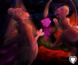 big_butt big_penis butt campfire camping clasped_hands detailed_background dialogue duo flower genitals glowing glowing_eyes grass heart_eyes heart_symbol imminent_sex looking_down night penis plant psychic_powers raised_tail shooting_star sitting star tail tapering_penis tent warm_lighting hurricane_weaver nintendo pokemon generation_1_pokemon humanoid legendary_pokemon mew_(pokemon) mewtwo pokemon_(species) 6:5 hi_res watermark