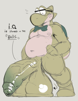 anthro balls big_balls big_penis biped bodily_fluids bow_tie countershading directional_arrow embarrassing_nudity eyewear foreskin front_view genitals glans glasses green_balls green_body green_bow_tie green_foreskin green_glans green_penis green_shell green_skin grey_background huge_balls huge_penis hyper hyper_balls hyper_genitalia hyper_penis looking_down male nerd nipples nude overweight overweight_anthro overweight_male penis shell simple_background solo standing sweat sweatdrop text unretracted_foreskin vein veiny_penis white_body white_countershading white_skin fungirussy mario_bros nintendo green_yoshi yoshi 2026 absurd_res digital_drawing_(artwork) digital_media_(artwork) english_text hi_res