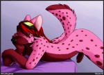 anthro bent_over black_penis erection eyewear fur genitals goggles green_eyes hair humanoid_genitalia humanoid_penis male nude penis pink_body pink_fur raised_tail red_hair solo spots tail shiuk james_(wrathykins) hyena mammal spotted_hyena