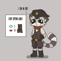 anthro belt black_eyes boots bottomwear clothed clothing footwear fur gloves grey_body grey_fur hands_on_hips handwear like_goal male markings pea_coat pirate pirate_hat retweet_goal scarf shirt shoes shorts simple_background striped_markings striped_tail stripes t-shirt tail tail_markings text topwear young young_anthro young_male capnkabi kabi_(capnkabi) mammal procyonid raccoon 1:1 colored english_text