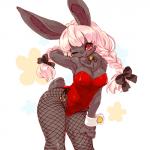 anthro big_breasts blush braided_hair breasts chest_tuft cleavage clothed clothing female fishnet_clothing fishnet_legwear fishnet_pantyhose fur hair legwear long_hair looking_at_viewer pantyhose pigtails pink_hair red_eyes solo tuft twin_braids cotora lagomorph leporid mammal rabbit 1:1