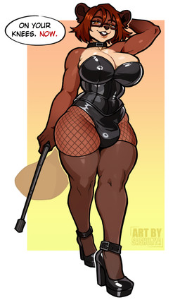anthro big_breasts breasts brown_body brown_fur brown_hair buckteeth bulge cleavage clothed clothing collar dominatrix eyewear fishnet_clothing fishnet_leggings fishnet_legwear footwear front_view fur glasses gynomorph hair high_heels intersex latex latex_clothing latex_leotard leggings legwear leotard platform_footwear platform_heels rectangular_glasses riding_crop shoes solo teeth thigh_highs whip wide_hips sashunya autumn_(kumacat) beaver mammal rodent 2026 hi_res