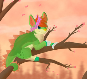 ambiguous_gender back_spikes blue_eyes blurred_background cherry_blossom digitigrade feral feral_with_hair flower flower_crown fur green_body green_fur hair hair_over_eye handpaw in_tree looking_at_viewer one_eye_obstructed outside paws pink_inner_ear pink_sky plant prehensile_tail prunus_(flower) red_hair sky smile snout solo sparklefur spiked_tail spikes spikes_(anatomy) tail tan_body tan_fur tree yellow_nose sebdoggo canid chameleon felid feline hybrid lizard mammal reptile scalie 2014 adobe_photoshop_(artwork) digital_media_(artwork) digital_painting_(artwork) full-length_portrait painting_(artwork) portrait shaded male_(lore)