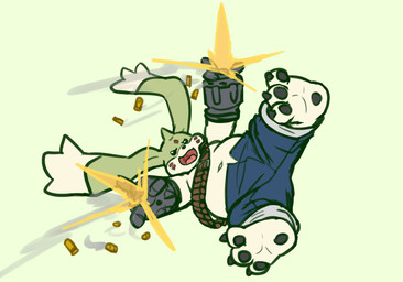 ammo_belt anthro beady_eyes belly bottomwear claws clothing denim denim_bottomwear denim_clothing gun_arm jeans long_ears male navel overweight pants pawpads solo toe_claws reddo12340 bandai_namco digimon digimon_(species) gargomon absurd_res hi_res