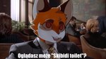 american_psycho anthro brainrot brown_ears canid canine clothed clothing crowd_scene draw_over dwun_salazar dwunny1 fox fur humor male mammal meme orange_body orange_fur photo_background photo_manipulation photography_(artwork) polish_text red_eyes shitpost skibidi_toilet solo text white_body white_fur