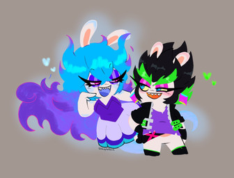 amethyst_(gem) anthro belt black_boots black_clothing black_footwear black_hair black_handwear black_mittens blue_eyes blue_hair blue_tail blue_tongue blush boots clothed clothed_anthro clothed_female clothing dress duo ear_piercing eyebrow_through_hair eyebrows featureless_crotch female female/female footwear fur gem glowing glowing_body green_belt green_eyebrows green_hair grey_background hair half-closed_eyes handwear heart_symbol jacket light long_ears long_hair mitten_hands mittens multicolored_hair narrowed_eyes noseless open_belt open_clothing open_jacket open_mouth open_smile open_topwear orange_tongue piercing pink_line_art purple_clothing purple_dress purple_ear_piercing purple_eyelids purple_eyes purple_hair purple_sclera purple_shirt purple_topwear sharp_teeth shirt shoes short_hair simple_background smile smiling_at_another smiling_at_each_other spiky_hair squint tail tan_body tan_inner_ear tan_skin teeth text thick_eyebrows thin_eyebrows tongue topwear torn_clothing torn_shirt torn_topwear translucent translucent_hair two_tone_hair wavy_hair white_body white_fur yellow_sclera vampkettleartz mario_bros mario_plus_rabbids_sparks_of_hope nintendo raving_rabbids rayman_(series) ubisoft edge_(mario_plus_rabbids) midnite_(mario_plus_rabbids) ghost hybrid lagomorph mammal rabbid spirit 2023 artist_name colored colored_line_art crossover english_description hi_res lighting shaded